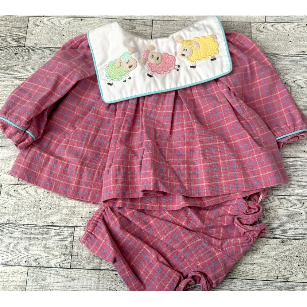 VTG Austin & Ashley 2pc Girls Gingham Dress Bloomer Lamb Applique Heirloom 3 MOS
